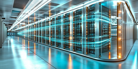 Fototapeta premium A long hallway with rows of servers glowing