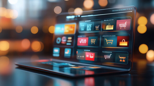 Online storefront interface with shopping cart icons and options