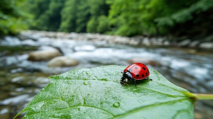 Ladybug on a Leaf by a Mountain River