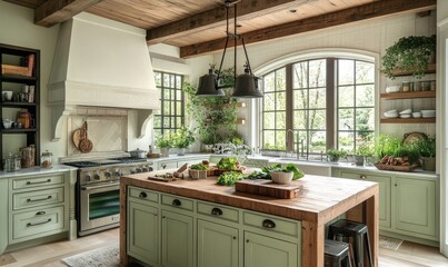 Rustic Farmhouse Kitchen Island with Wooden Beams and Greenery