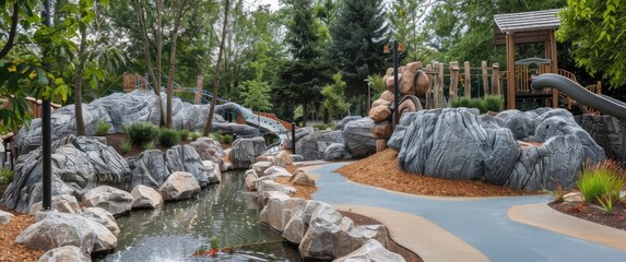 Obraz premium Nature-inspired playground features rock climbing, winding paths, and a babbling brook. Lush landscaping complements natural materials creating a magical play space.