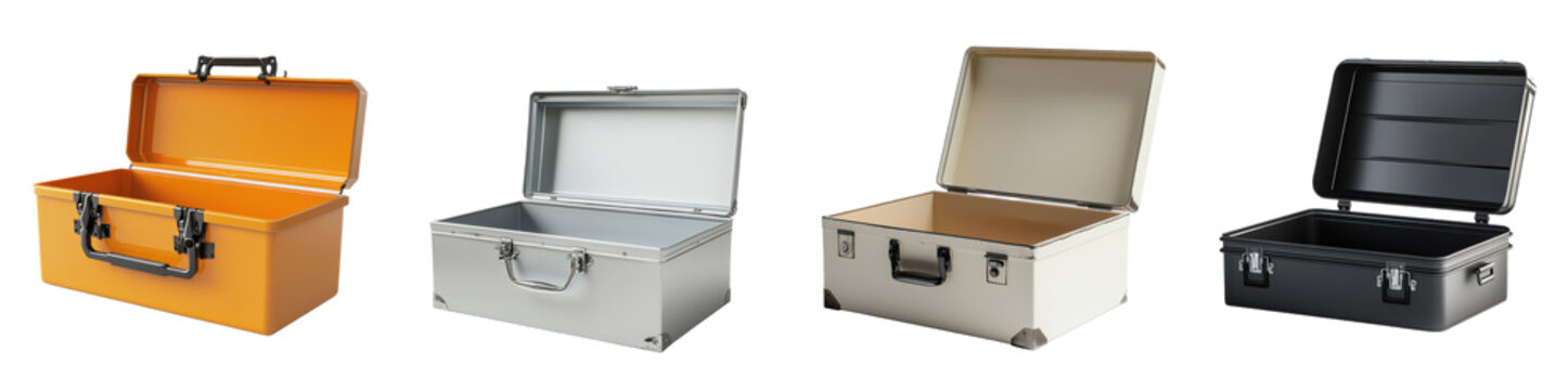 Empty Metal Storage Cases Toolboxes Suitcases Containers Boxes on transparent background