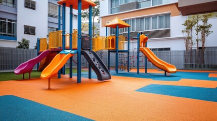 Modern outdoor playground in the courtyard of a building, AI generated image