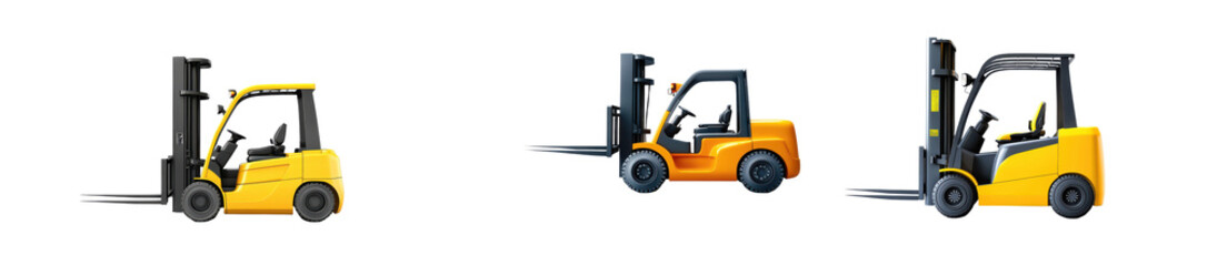 Three Yellow Forklifts Industrial Equipment Warehouse Machines Logistics Transportation on transparent background