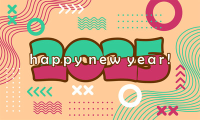 
Happy new year 2025 greeting card template, Trendy typography with geometric hipster pattern in Memphis style, Applicable for banner, calendar, invitation, flyer, social media

