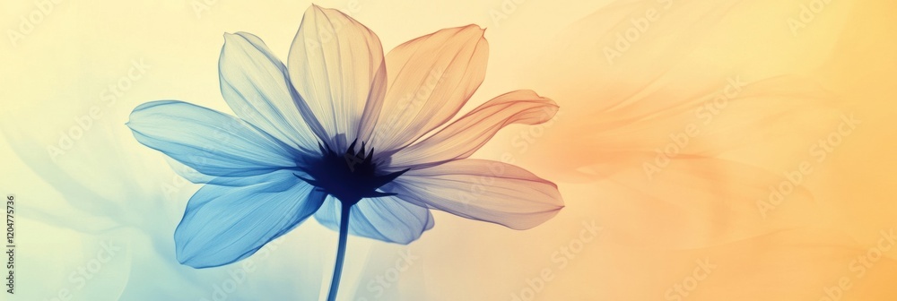 Poster delicate blue flower illuminated by soft orange and yellow light in a serene backdrop. generative ai