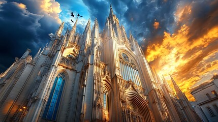Obraz premium gothic cathedral sunset dramatic sky - dramatic lighting