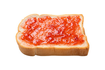 Side view of Strawberry Jam on slice of bread isolated on white background