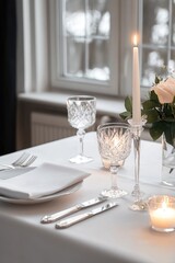 An inviting dining arrangement features crystal glassware, flickering candles, and a delicate floral centerpiece, creating a warm atmosphere for guests in a winter setting