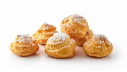 Golden-brown cream puffs, dusted with powdered sugar, arranged on a white background.