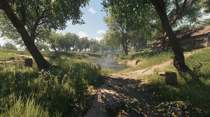 Rural Riverbank Path, Summer, Village Background, Game Asset