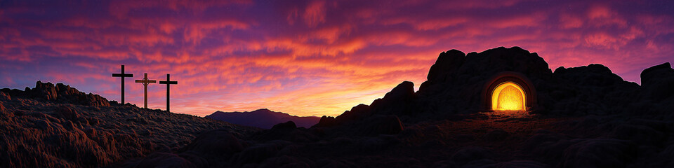 Breathtaking Easter Scene of Empty Tomb with Golden Glow and Three Crosses Against a Vibrant Sunrise Sky