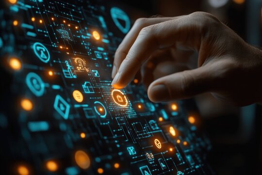 Businessman Interacting with Digital Legal Icons in Futuristic Technology Scene