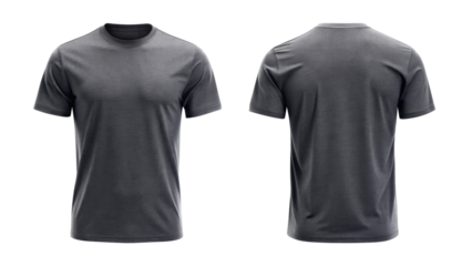dark gray t shirt round neck template from two sides isolated on transparent white background, clipping path
