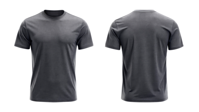 dark gray t shirt round neck template from two sides isolated on transparent white background, clipping path