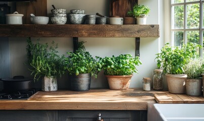 Rustic Kitchen Herbs and Vintage Cookware Displayed
