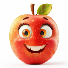 Obraz premium Cheerful cartoon apple character with sparkling eyes and a leaf hat, smiling on a bright white background