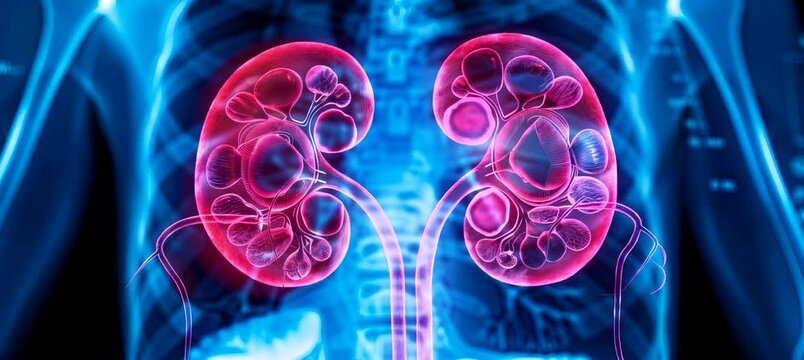 X-ray CT scan illustration of human kidney organ. Science medical education. Generative video AI technology.	
