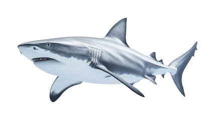 Fototapeta premium Powerful Shark Swimming in Ocean Waters, Isolated on White Background Cutout