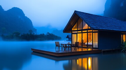 Fototapeta premium Serene Lakeside Cabin Retreat at Dusk