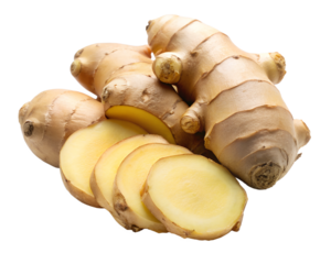 a fresh ginger root sliced on a white background.png