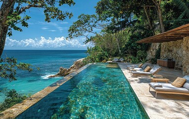 Obraz premium Infinity pool overlooking ocean, cliffside villa.