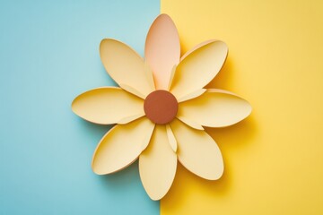 Naklejka premium Flower made of pastel paper displayed on a split color background of blue and yellow. Generative AI