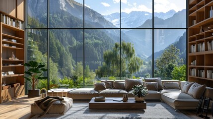 Fototapeta premium Spacious living room with large windows, AI generated image