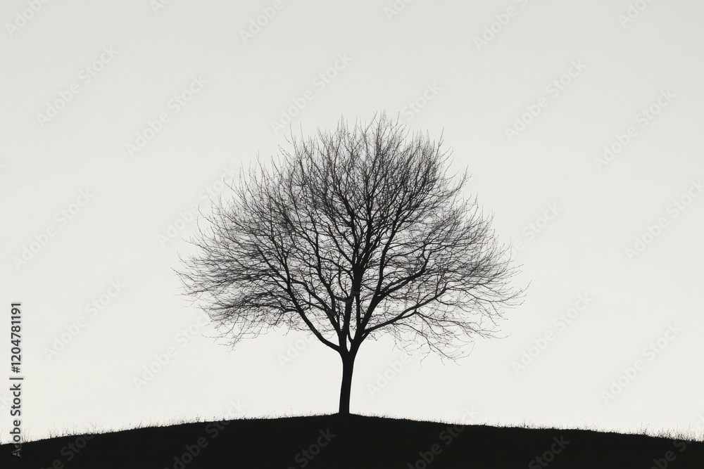 Leinwandbilder Silhouette of a bare tree standing alone on a hill during a cloudy day at twilight. Generative AI