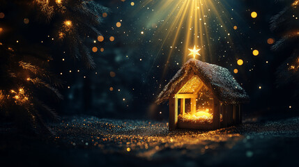 Fototapeta premium Peaceful Nativity Scene with Glowing Manger and Radiant Star Illuminating a Sacred and Celestial Atmosphere