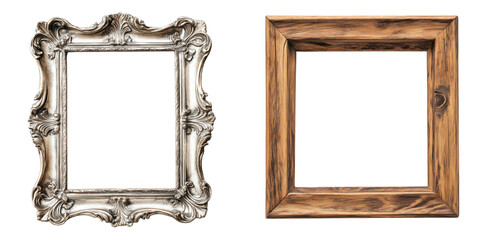 Elegant Silver Rustic Wooden Picture Frames Empty Mockup Design Art Gallery Home Decor Vintage on transparent background