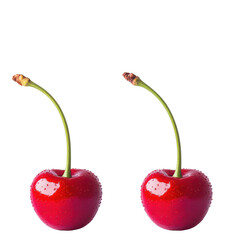 Two sweet red cherries with green stems and leaves, isolated on a white background