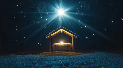 Peaceful Nativity Scene with Glowing Manger and Radiant Star Illuminating a Sacred and Celestial Atmosphere







