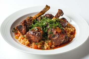 Mutton kabsa served on a white plate against a white backdrop