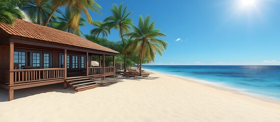Obraz premium Tropical Beach House: Idyllic Palm-Lined Shore Serenity