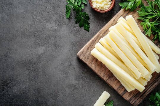 Organic string cheese displayed on a rustic wood board against a gray backdrop seen from above with room for text