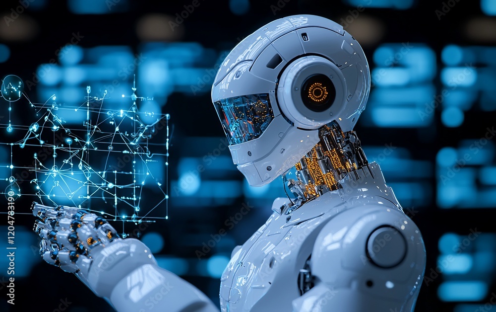 Poster Futuristic robot interacts with holographic data.