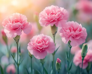 Naklejka premium Closeup of blooming pink carnation flower lush green garden bright natural light