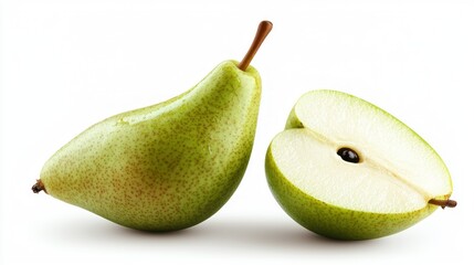 Juicy green pear halved, studio shot, white background, food photography