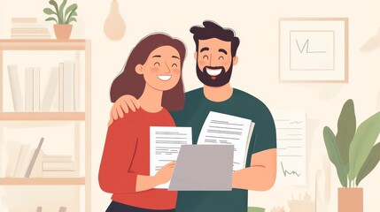 Happy couple, paperwork and hug with laptop for budget, paying bills or estate planning. Married people, embrace and documents for insurance policy, investing and savings in apartment or family home