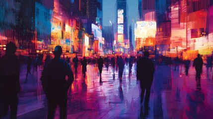 Obraz premium Night City Crowd Amidst Vibrant Illuminated Buildings