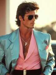 Retro wave-inspired portrait of a fashionable man set in Miami.