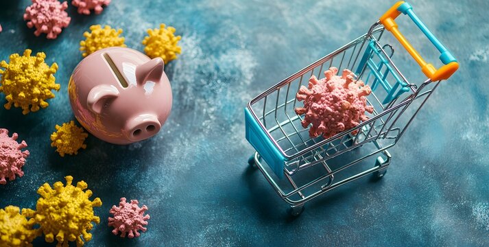 Piggy bank and shopping cart with virus models represent financial impact