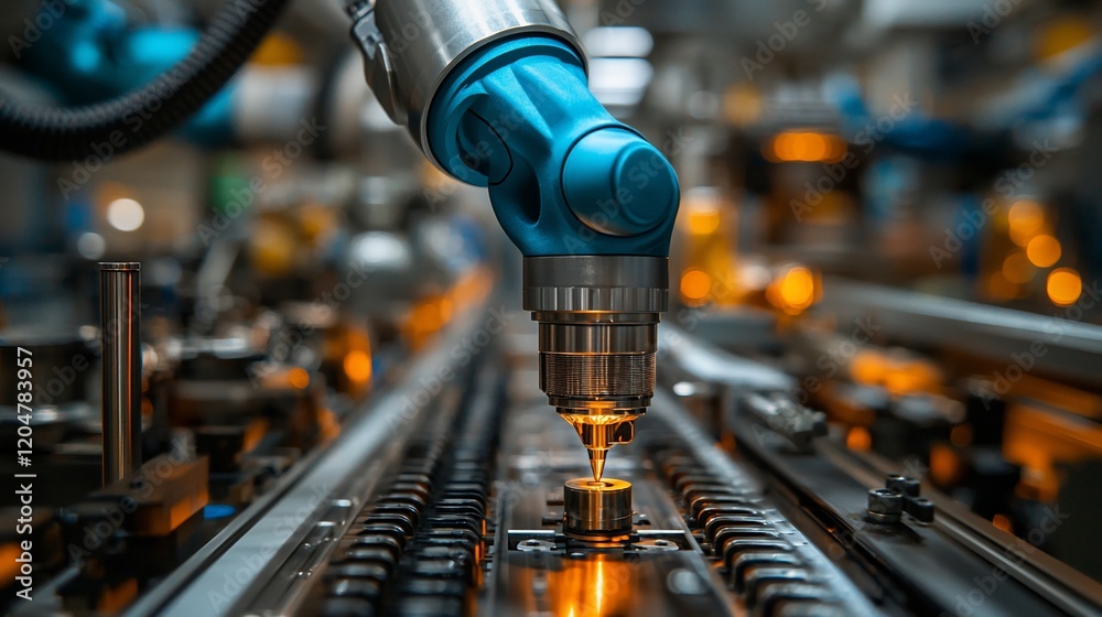 Poster robotic arm performing precision assembly on a production line.