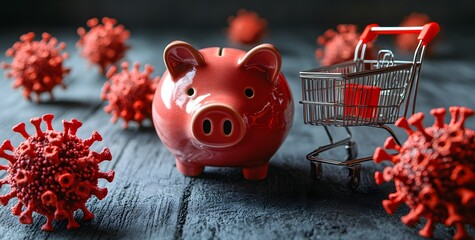 Piggy bank shopping cart and virus models represent economic impact