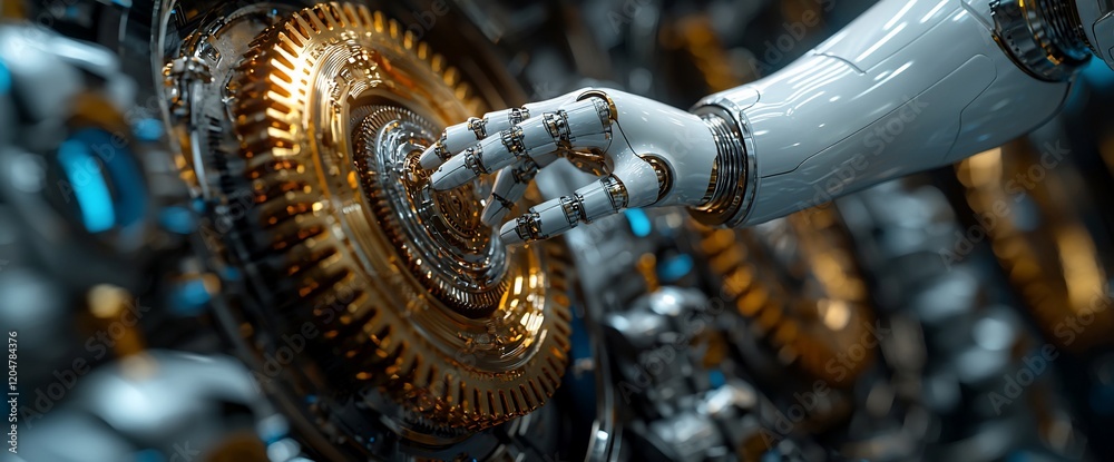 Poster robotic hand interacting with complex machinery.