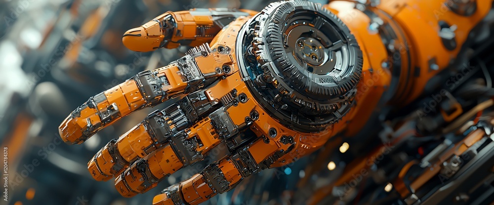 Poster close-up of a complex, orange robotic hand with intricate mechanical details.