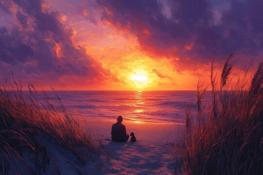 Serene Sunset at Beach with Woman and Dog