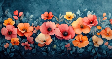 Vibrant Botanical Watercolor Illustration of Pink Flowers Green Leaves Floral Arrangement