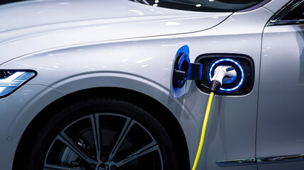 Fototapeta premium Electric car charging with cable connected to charging port, close up view